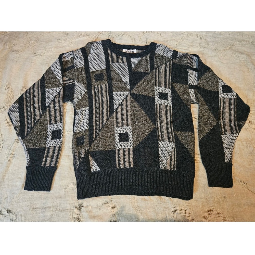 Vintage Jantzen Mens Small Geometric Abstract Knit Sweater Made in USA Grey Tan